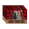 Set of 4 Christmas buffalo plaid linen placemats with festive holiday tree prints - Red & Black Buffalo Plaid Illustrative Trees Style (13)
