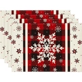 Close-up of four Christmas linen placemats with buffalo plaid and white snowflake design - Red & Black Plaid Large White Snowflake Style (17)