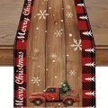Christmas table runner with retro red truck and buffalo plaid edges on wooden background - Red Truck Merry Christmas (12)