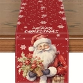 Red linen Christmas table runner featuring vintage Santa Claus and snowflakes - Retro Santa Have a Merry Christmas (13)