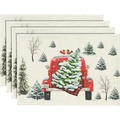 Lot de 4 sets de table en lin de Noël avec camion rouge vintage et sapin festif - Style Camionnette Rouge Vintage (3)