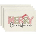Lot de 4 sets de table en lin de Noël avec lettrage Merry Christmas et motifs sapins - Style Lettrage Merry Christmas Artistique Coloré (4)