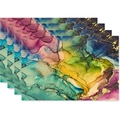 Set of 4 linen placemats with colorful marble ink pattern and gold foil accents - Brilliant Gold Foil Ink(26)