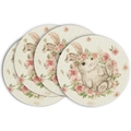 Set of four round linen placemats with watercolor Easter bunny and pink floral pattern - Watercolor Rabbit Floral Style