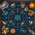 Dark blue square tarot altar cloth with mystical animals and moon phase symbols - Deep Blue Lion Fox Mythical Beast