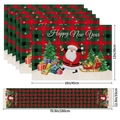 Linen Christmas table runner and 6 placemats set with festive red and green plaid - Red Green Black Plaid New Year Santa (22) / 5-Piece Set (4 Placemats + 1 Table Runner)