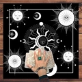 Black tarot tablecloth with white sun, moon and all-seeing eye mystical patterns - B&W Sun Moon Face Star Eye