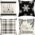 4er-Set schwarz-weiße Weihnachtskissenbezüge mit Schneeflocken und Karomuster - Leinenstil / Schwarze Kollektion