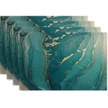 Set of 4 linen placemats with abstract teal and gold marble watercolor print - Deep Teal Green Gold(29)