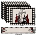 5-piece linen Christmas placemat and table runner set with black white buffalo plaid - Black White Plaid Christmas Trees (23) / 5-Piece Set (4 Placemats + 1 Table Runner)