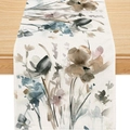 Camino de mesa de lino con flores de acuarela pintadas a mano sobre madera natural - Estilo 9