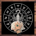 Black tarot altar cloth featuring a white Scorpio zodiac mandala and mystical symbols - Zodiac Circle Scorpio Theme