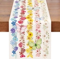 Camino de mesa de lino con flores en acuarela y mariposas sobre mesa de madera - Estilo 10