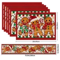 7-piece linen Christmas table runner and placemat set with gingerbread man and candy cane print - Gingerbread Man Candy Style (13) / 5-Piece Set (4 Placemats + 1 Table Runner)