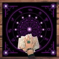 Black tarot tablecloth with purple mandala and zodiac signs on a wooden table - Black Purple Pink Divination Array