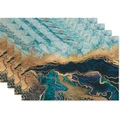 Set of 4 linen placemats with luxury blue and gold marble watercolor fluid art print - Lake Blue Gold Luxury(33)