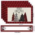 Linen Christmas table runner and placemats set with festive buffalo plaid tree prints - Red Black Plaid Border Christmas Trees (26) / 5-Piece Set (4 Placemats + 1 Table Runner)