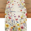 Camino de mesa de lino con patrones de flores silvestres acuarela sobre tela crema - Estilo 15