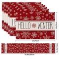 7-piece red linen Christmas table runner and placemat set with Hello Winter snowflakes - Red Hello Winter Style (17) / 5-Piece Set (4 Placemats + 1 Table Runner)