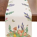 Camino de mesa de lino con tulipanes de acuarela de colores y mariposas en madera - Estilo 17