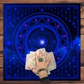 Blue tarot altar cloth with zodiac symbols and star pattern on wooden background - Deep Blue Magic Circle Print