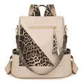 Beige nylon women's backpack with leopard print panels and golden hardware accents - Off White
