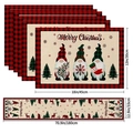 Christmas table runner and placemat set with red buffalo plaid gnomes in linen fabric - Buffalo Plaid Border Christmas Gnomes (20) / 5-Piece Set (4 Placemats + 1 Table Runner)