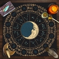 Black tarot altar cloth with gold moon phase and zodiac symbols on wooden background - Black Gold Blue Rune Divination
