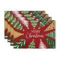 Set of four red linen Christmas placemats with festive trees and Merry Christmas text - Red Background Diverse Christmas Trees Style (22)