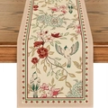 Camino de mesa de lino con motivos florales en acuarela y pájaros sobre fondo beige - Estilo 22