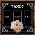 Black tarot altar cloth with Past Present Future card positions on wood background - B&W Past Present Future Layout