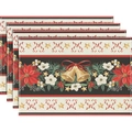 Set of 4 Christmas linen placemats with bells and red ribbon holiday design - Christmas Bells & Poinsettia Style (24)