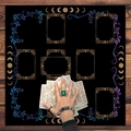 Black tarot tablecloth featuring golden moon phases and floral vine corner details - Gold Moon Phase Blue Vine Slots