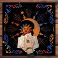 Mystic tarot tablecloth with sun moon pattern and astrology symbols on black fabric - Black Sun Moon Colorful Scrolls