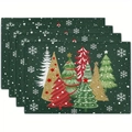 Set of 4 dark green linen placemats with artistic Christmas tree patterns and snowflakes - Dark Green Base Artistic Christmas Trees Style (28)