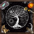 Tree of Life tarot tablecloth with celestial moon and sun patterns in black and white - B&W Tree of Life Astrology