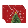 Set of 4 red linen Christmas placemats with Christmas tree and Merry Christmas print - Bright Red Snowflake Christmas Tree Style (29)