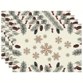 Set of 4 linen Christmas placemats with pine cones, red berries, and snowflakes - Beige Base Pine Cones & Red Berries Style (30)