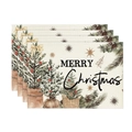 Set of 4 Christmas linen placemats with hand-drawn trees and Merry Christmas text - Retro Artistic Christmas Elements Style (31)