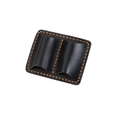 Detail of black crazy horse leather pen case with orange stitching and double slots - Black