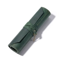 Dark green genuine leather roll-up pen case with vintage metal key pendant closure - Green (7127)