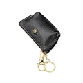 Black leather coin purse with golden rose emblem and keychain in lychee grain finish - Black