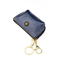 Dark blue litchi grain leather coin purse with golden rose emblem and keychain - Dark Blue