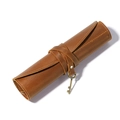 Brown crazy horse leather roll pencil case with vintage key charm and strap closure - Brown