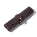 Vintage dark brown crazy horse leather roll-up pencil case with a retro key charm strap - Coffee