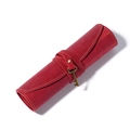 Retro red crazy horse leather pencil roll case with bronze key pendant and yellow stitching - Red