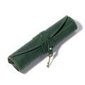 Dark green crazy horse leather pen roll with contrast stitching and key pendant - Green