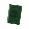 Detail of dark green leather passport holder with yellow stitching and US emblem - Green