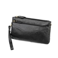 Schwarze Handgelenktasche aus echtem Leder mit Kieseltextur und Doppelreißverschluss - Schwarz