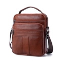 Borsa a tracolla da uomo in pelle marrone con grana naturale e tasche multiple con cerniera - Marrone
